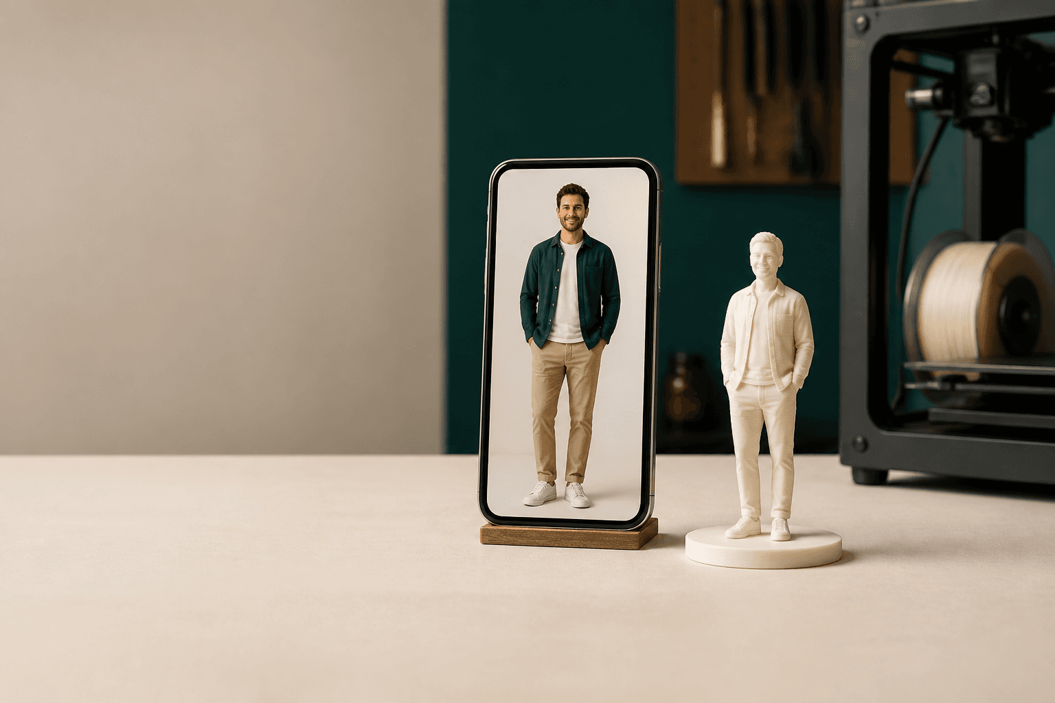 Visualisierung eines Ganzkörperfotos neben der daraus erstellten einfarbigen 3D-Figur